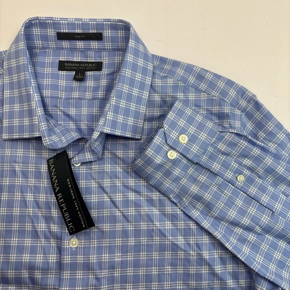 NWT Banana Republic Long Sleeve Button Up Shirt Men's Large Plaid Blue Cotton‎
